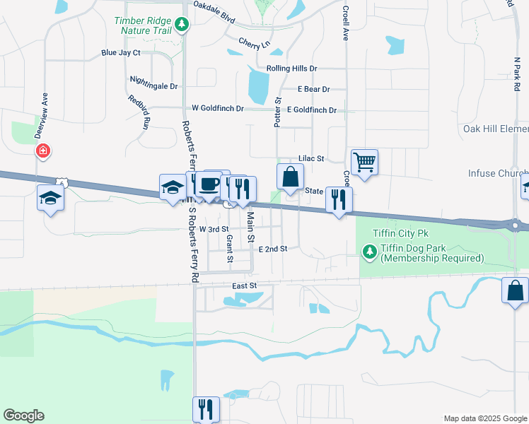 map of restaurants, bars, coffee shops, grocery stores, and more near 301 Summerhays Street in Tiffin