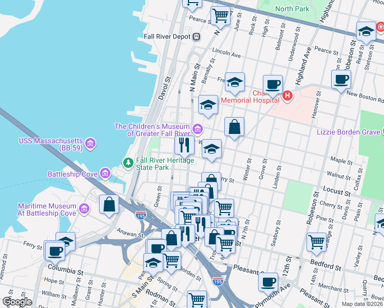 map of restaurants, bars, coffee shops, grocery stores, and more near 345 North Main Street in Fall River