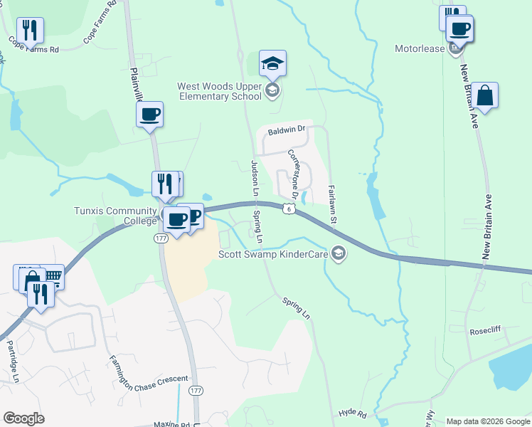 map of restaurants, bars, coffee shops, grocery stores, and more near 2 Spring Lane in Farmington