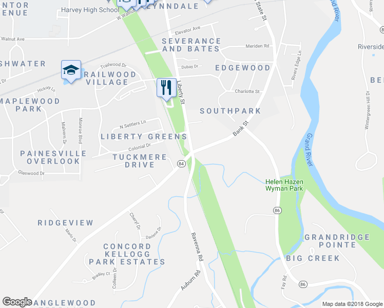 map of restaurants, bars, coffee shops, grocery stores, and more near 886 Painesville Ravenna Road in Painesville