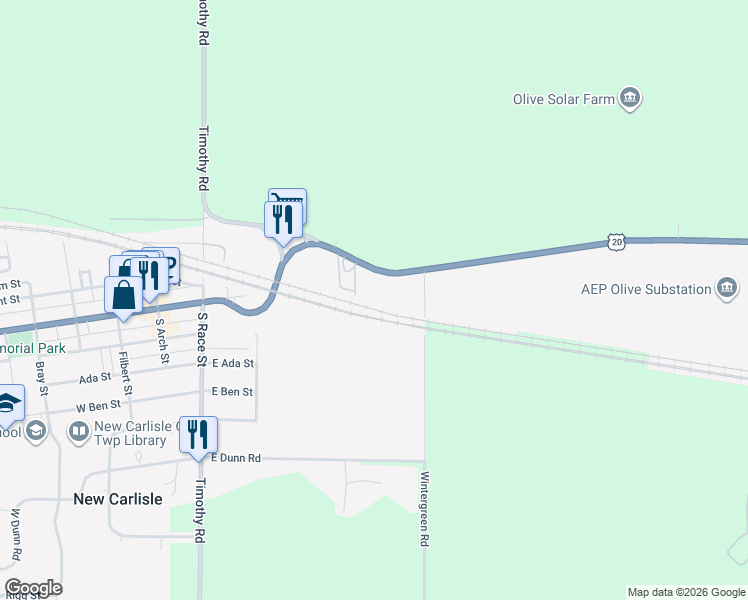 map of restaurants, bars, coffee shops, grocery stores, and more near 510 East Michigan Street in New Carlisle