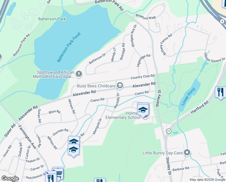 map of restaurants, bars, coffee shops, grocery stores, and more near 144 Cianci Road in New Britain
