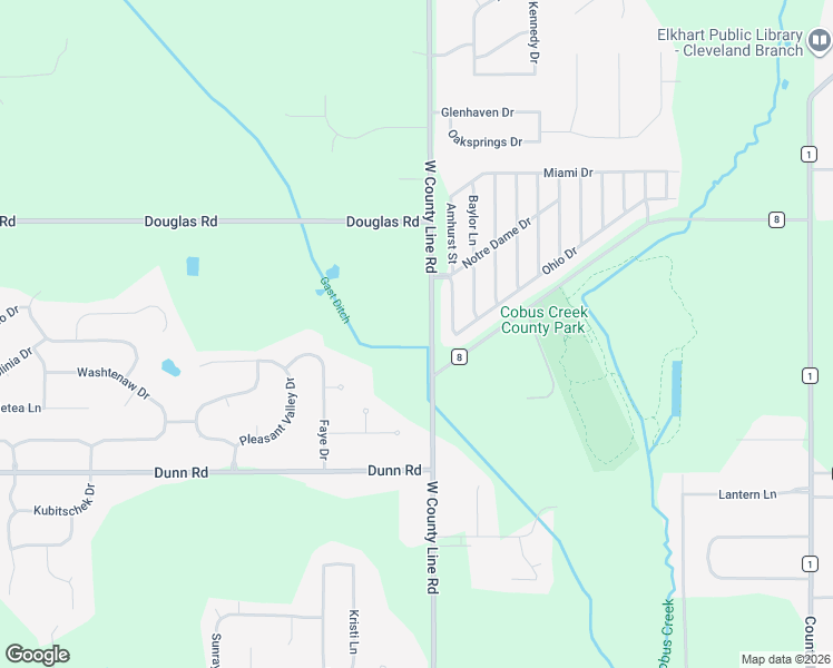 map of restaurants, bars, coffee shops, grocery stores, and more near 54081-54199 West County Line Road in Elkhart