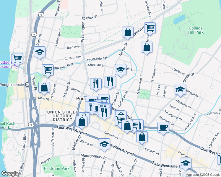 map of restaurants, bars, coffee shops, grocery stores, and more near 101 Mansion Street in Poughkeepsie