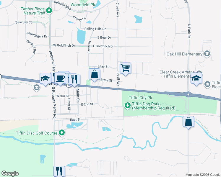 map of restaurants, bars, coffee shops, grocery stores, and more near 2778 Grand Army of the Republic Highway in Tiffin