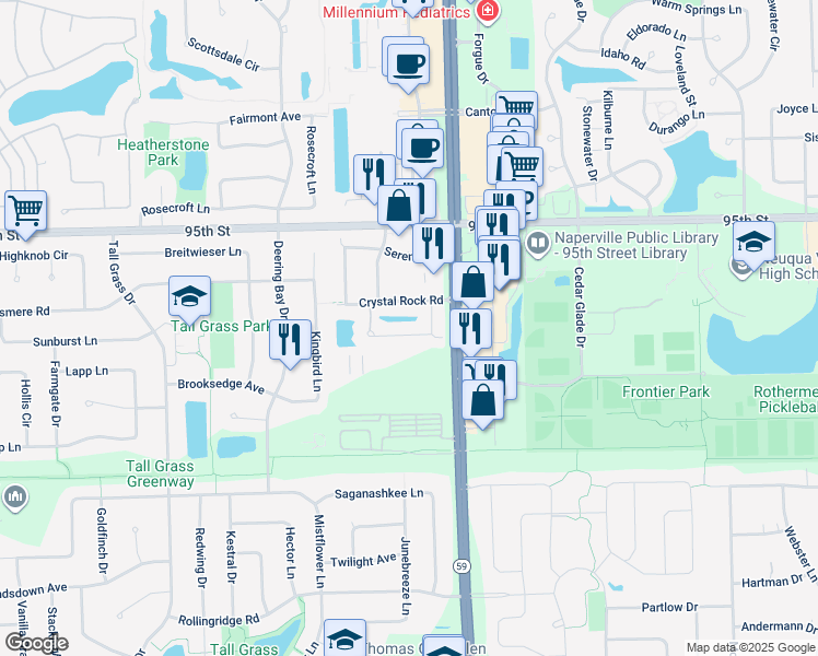 map of restaurants, bars, coffee shops, grocery stores, and more near 3258 Cool Springs Court in Naperville
