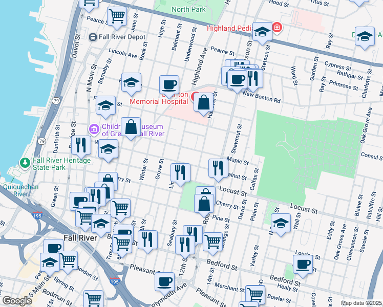 map of restaurants, bars, coffee shops, grocery stores, and more near 673 Walnut Street in Fall River