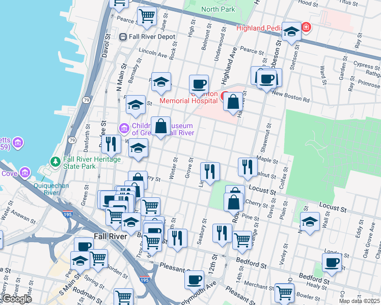 map of restaurants, bars, coffee shops, grocery stores, and more near 599 Walnut Street in Fall River
