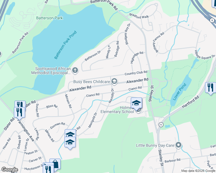 map of restaurants, bars, coffee shops, grocery stores, and more near 144 Cianci Road in New Britain
