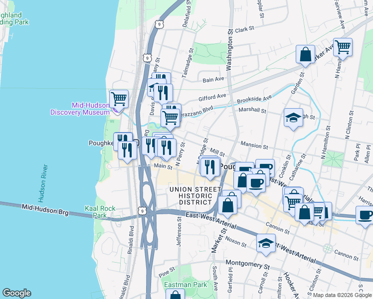 map of restaurants, bars, coffee shops, grocery stores, and more near 135 Main Street in Poughkeepsie