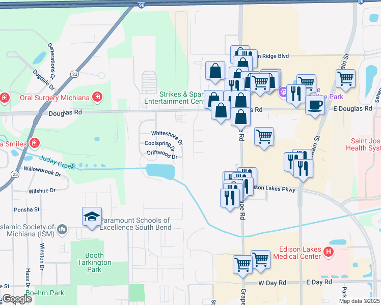 map of restaurants, bars, coffee shops, grocery stores, and more near 5000 Jenny Ln in Mishawaka