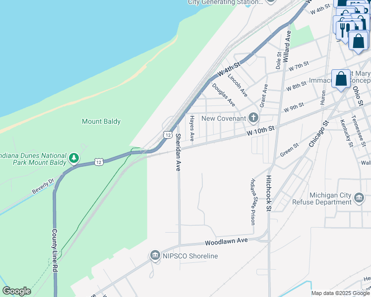 map of restaurants, bars, coffee shops, grocery stores, and more near 515 Sheridan Avenue in Michigan City