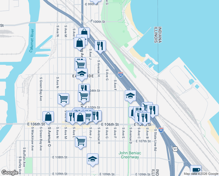 map of restaurants, bars, coffee shops, grocery stores, and more near 10410 South Avenue F in Chicago