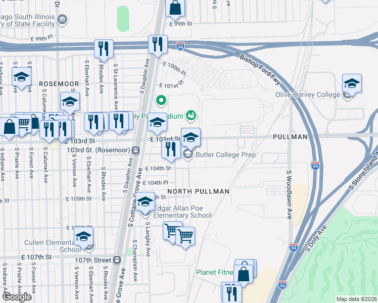 map of restaurants, bars, coffee shops, grocery stores, and more near 821 East 103rd Street in Chicago