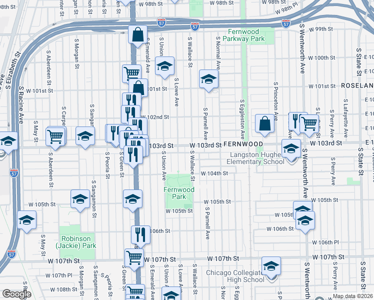 map of restaurants, bars, coffee shops, grocery stores, and more near 10333 South Lowe Avenue in Chicago