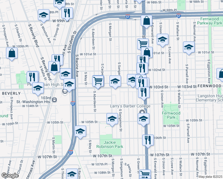 map of restaurants, bars, coffee shops, grocery stores, and more near 1000 West 103rd Place in Chicago
