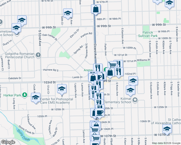 map of restaurants, bars, coffee shops, grocery stores, and more near 4831 Lamb Drive in Oak Lawn