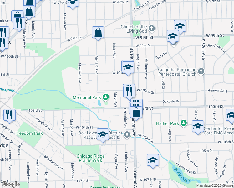 map of restaurants, bars, coffee shops, grocery stores, and more near 10231 Major Avenue in Oak Lawn