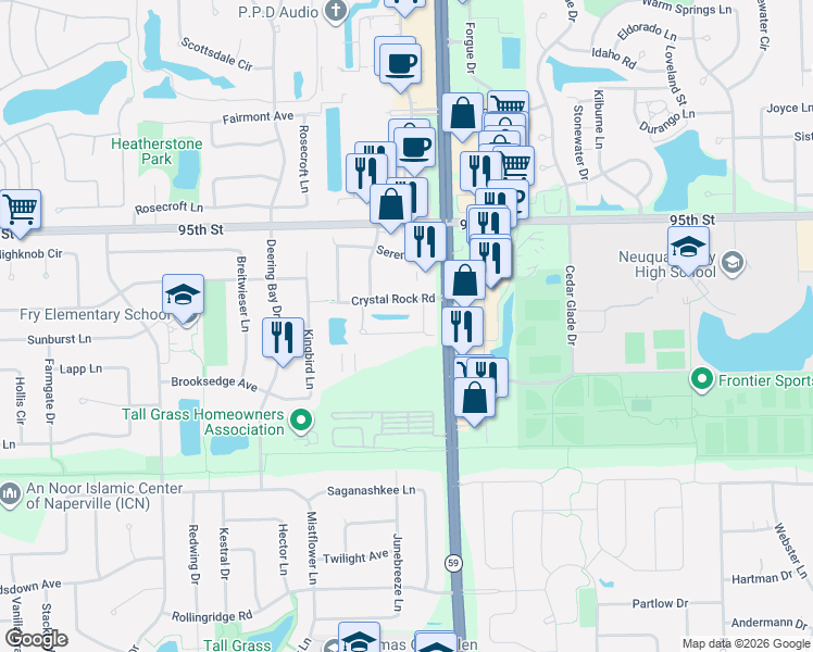 map of restaurants, bars, coffee shops, grocery stores, and more near 3258 Cool Springs Court in Naperville