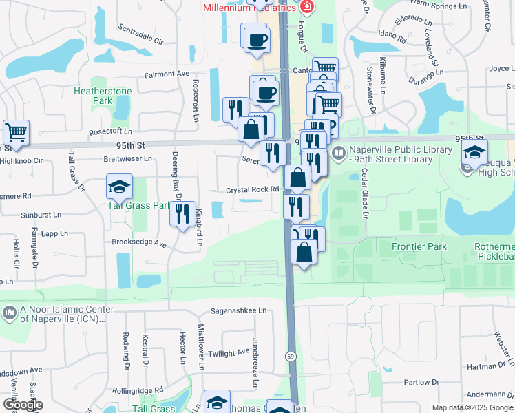 map of restaurants, bars, coffee shops, grocery stores, and more near 3258 Cool Springs Court in Naperville