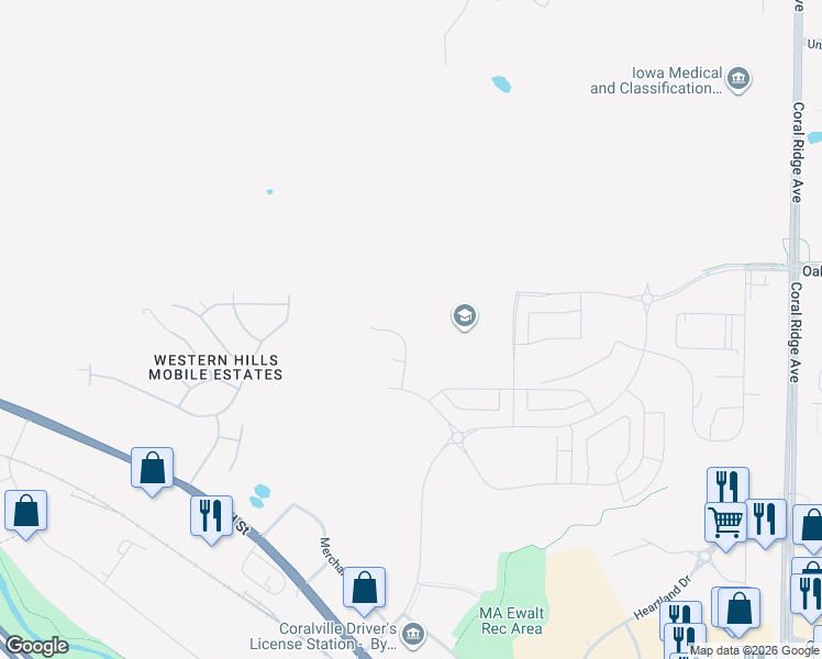 map of restaurants, bars, coffee shops, grocery stores, and more near Jones Boulevard in Coralville