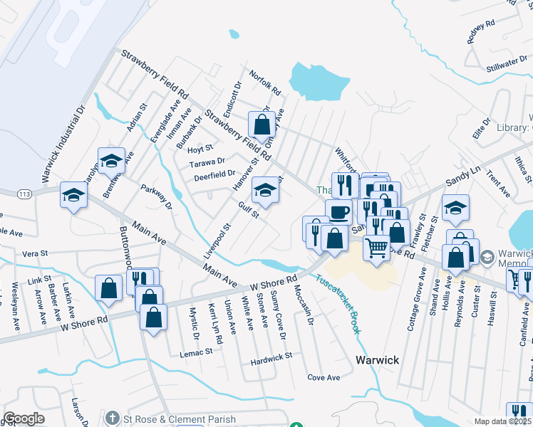 map of restaurants, bars, coffee shops, grocery stores, and more near 30 Almy Street in Warwick