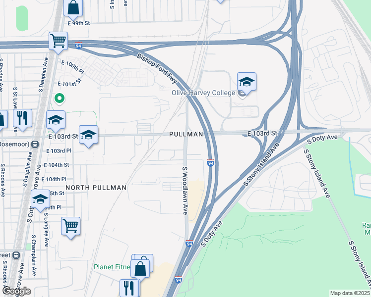 map of restaurants, bars, coffee shops, grocery stores, and more near 10355 South Woodlawn Avenue in Chicago