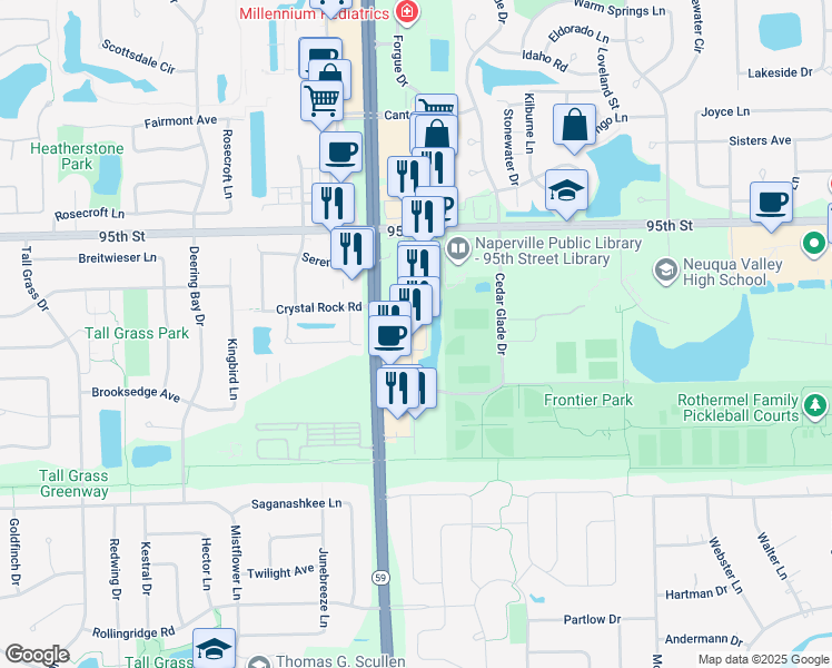 map of restaurants, bars, coffee shops, grocery stores, and more near 3124 Illinois Route 59 in Naperville