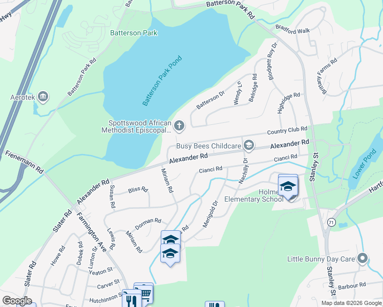 map of restaurants, bars, coffee shops, grocery stores, and more near 288 Alexander Road in New Britain