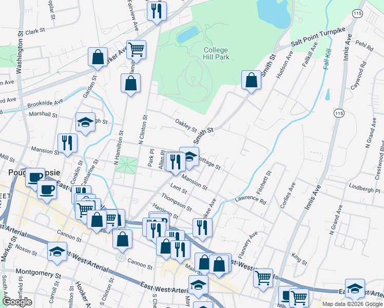 map of restaurants, bars, coffee shops, grocery stores, and more near in Poughkeepsie