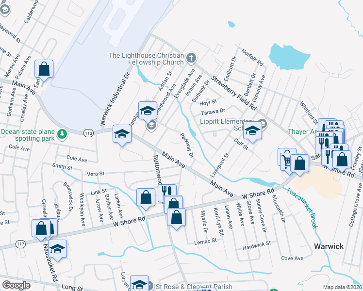 map of restaurants, bars, coffee shops, grocery stores, and more near 91 Parkway Drive in Warwick