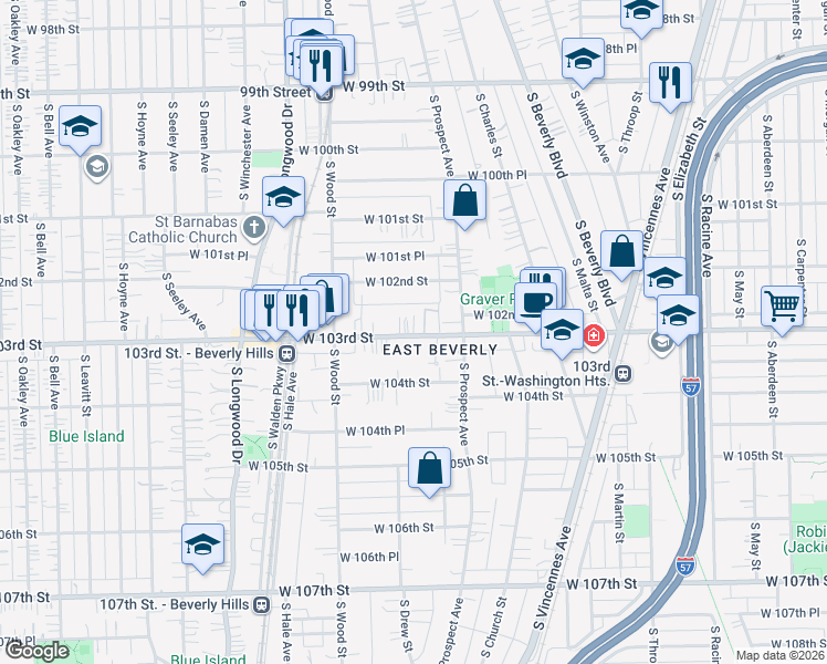 map of restaurants, bars, coffee shops, grocery stores, and more near 1818 West 103rd Street in Chicago