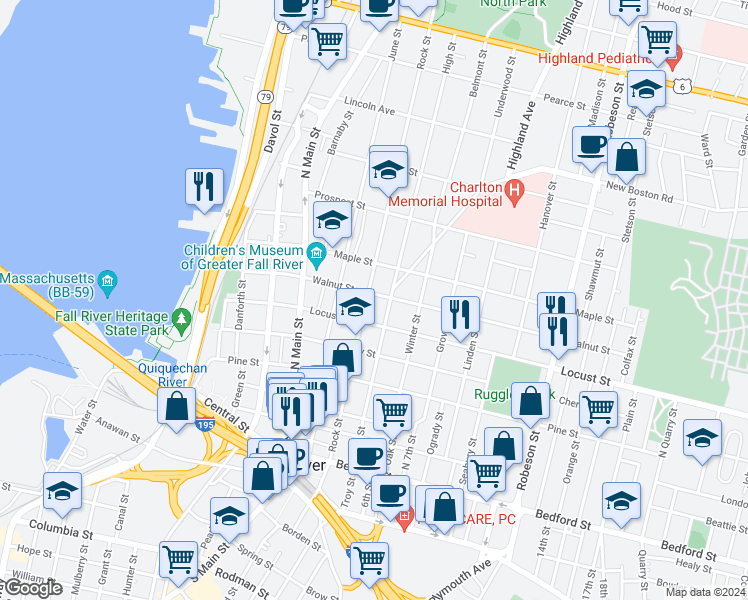 map of restaurants, bars, coffee shops, grocery stores, and more near 450 High Street in Fall River