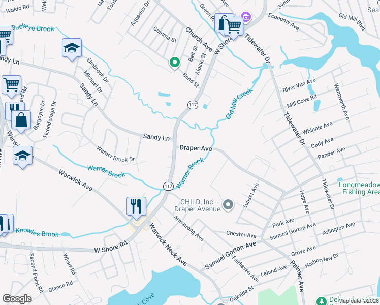 map of restaurants, bars, coffee shops, grocery stores, and more near 249B Draper Avenue in Warwick