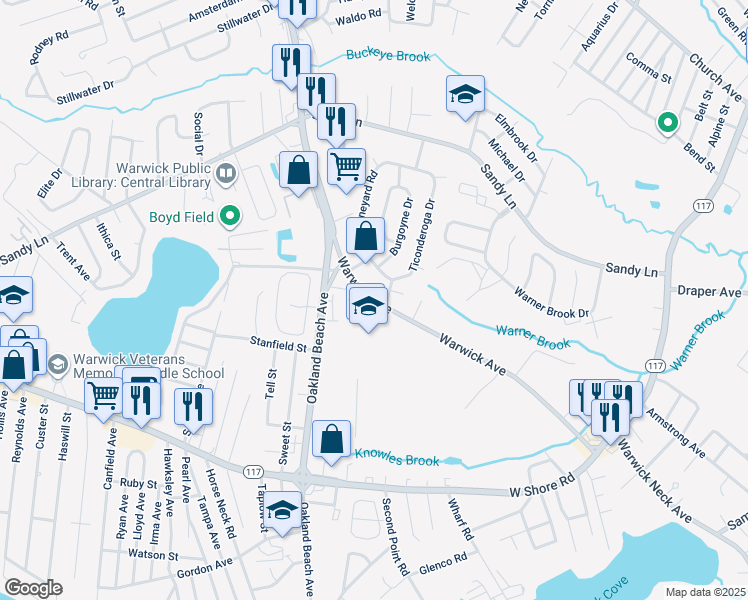 map of restaurants, bars, coffee shops, grocery stores, and more near 311 Vineyard Road in Warwick