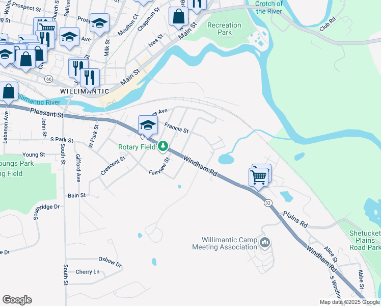map of restaurants, bars, coffee shops, grocery stores, and more near 37 McDermott Avenue in Windham