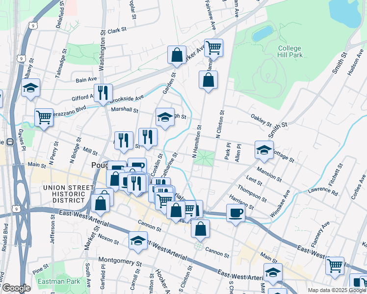 map of restaurants, bars, coffee shops, grocery stores, and more near 118 Catharine Street in Poughkeepsie