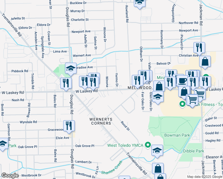 map of restaurants, bars, coffee shops, grocery stores, and more near 5023 Yermo Drive in Toledo