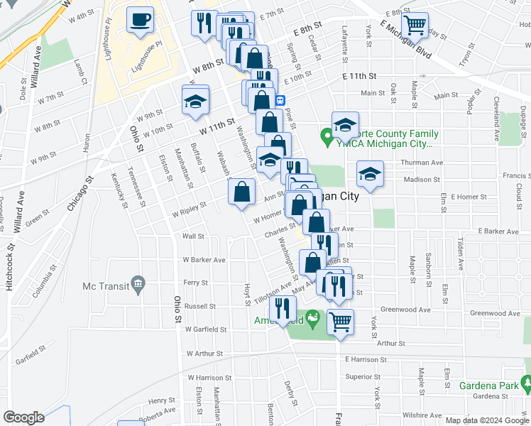 map of restaurants, bars, coffee shops, grocery stores, and more near 120 Ann Street in Michigan City