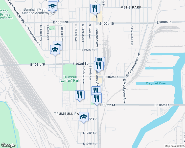 map of restaurants, bars, coffee shops, grocery stores, and more near 10320 South Hoxie Avenue in Chicago