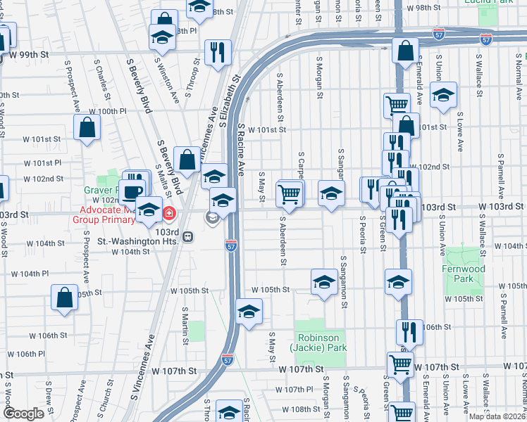 map of restaurants, bars, coffee shops, grocery stores, and more near 10239 South May Street in Chicago