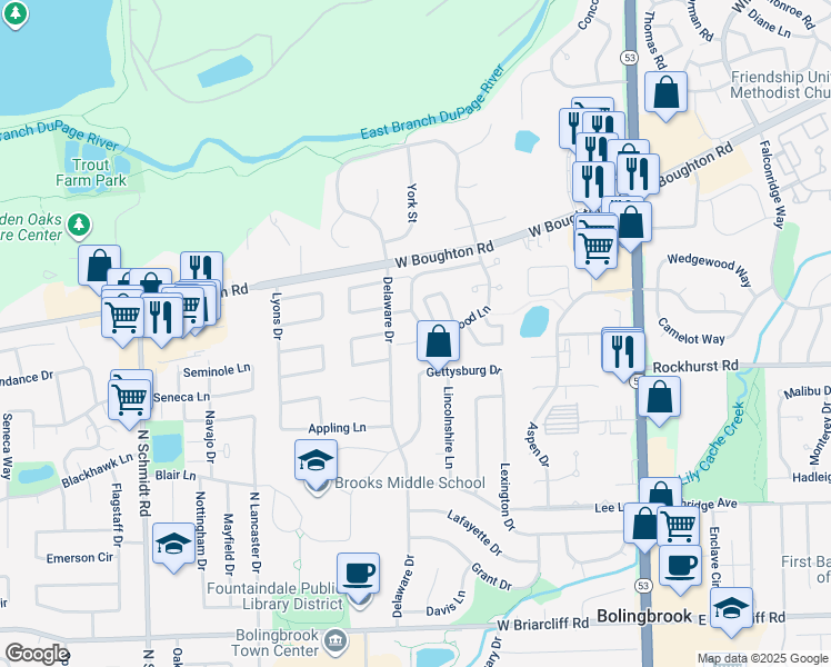 map of restaurants, bars, coffee shops, grocery stores, and more near 337 Kirkwood Circle in Bolingbrook