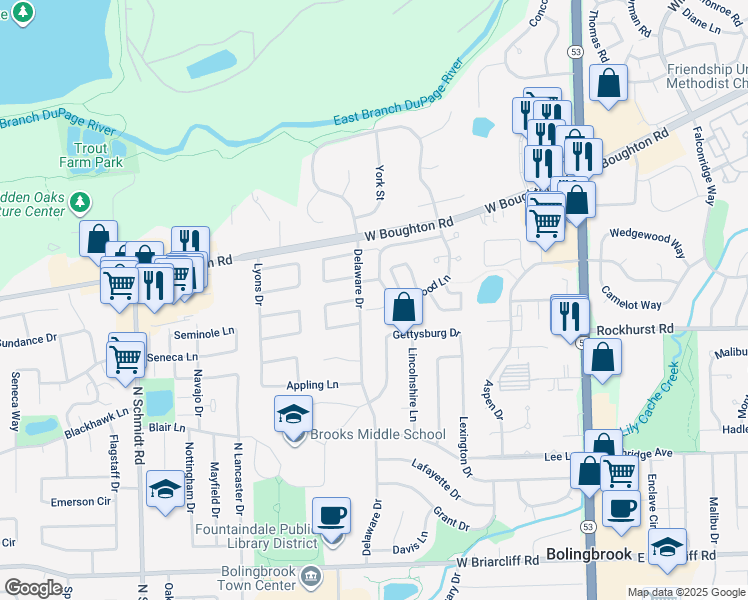 map of restaurants, bars, coffee shops, grocery stores, and more near 337 Kirkwood Circle in Bolingbrook