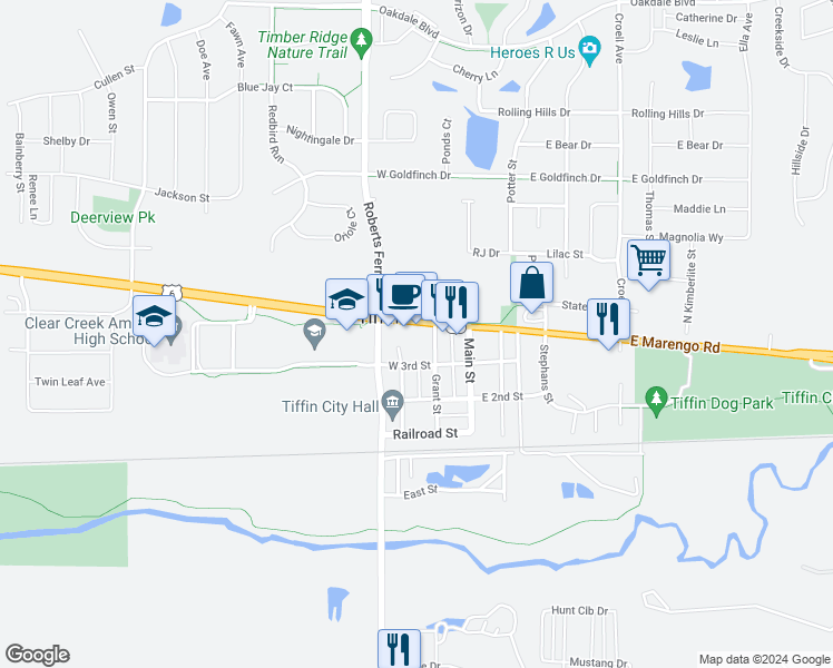 map of restaurants, bars, coffee shops, grocery stores, and more near 200 West Marengo Road in Tiffin