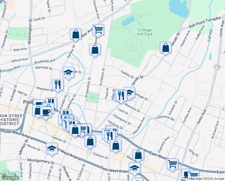 map of restaurants, bars, coffee shops, grocery stores, and more near 14 Allen Place in Poughkeepsie