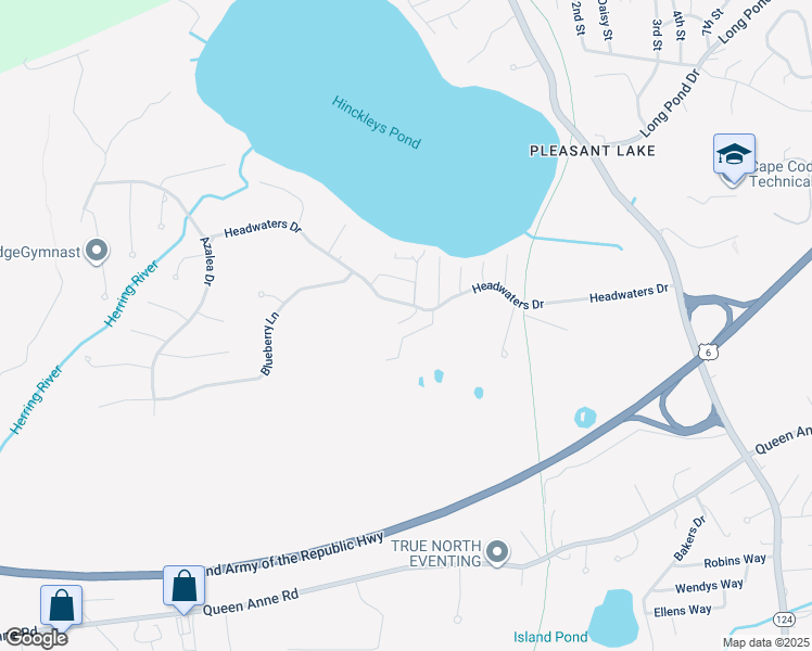 map of restaurants, bars, coffee shops, grocery stores, and more near 127 Headwaters Drive in Harwich