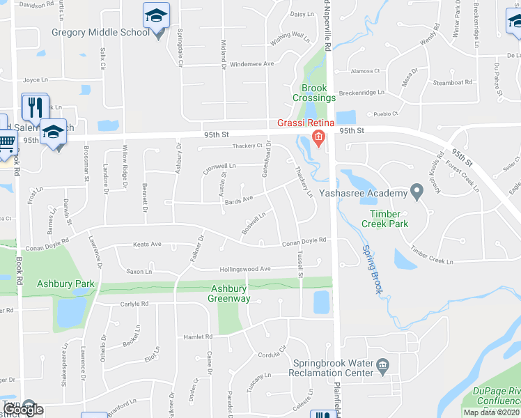 map of restaurants, bars, coffee shops, grocery stores, and more near 1207 Boswell Lane in Naperville