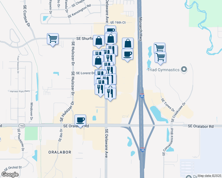 map of restaurants, bars, coffee shops, grocery stores, and more near 2325 Southeast Delaware Avenue in Ankeny