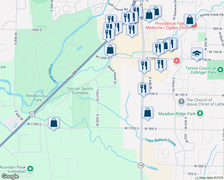 map of restaurants, bars, coffee shops, grocery stores, and more near 128 West 1309 South in Logan