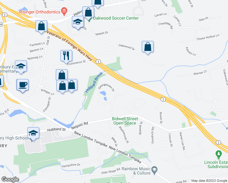 map of restaurants, bars, coffee shops, grocery stores, and more near 212 Georgetown Drive in Glastonbury
